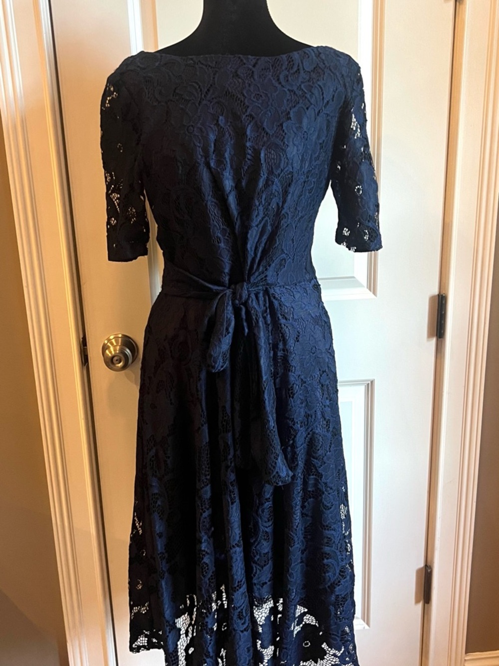 Tahari Navy Lace Midi Dress with Tie Waist